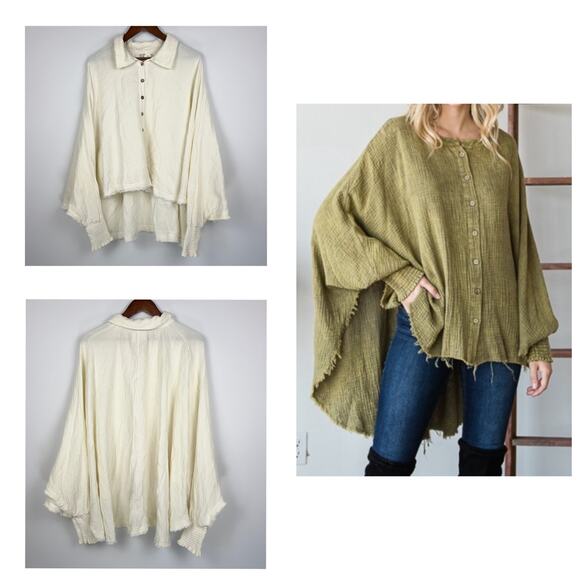 Oli & Hali Ivory Crinkled Cotton Gauze S/M Oversized Button Down Boho Tunic Top - Picture 11 of 11